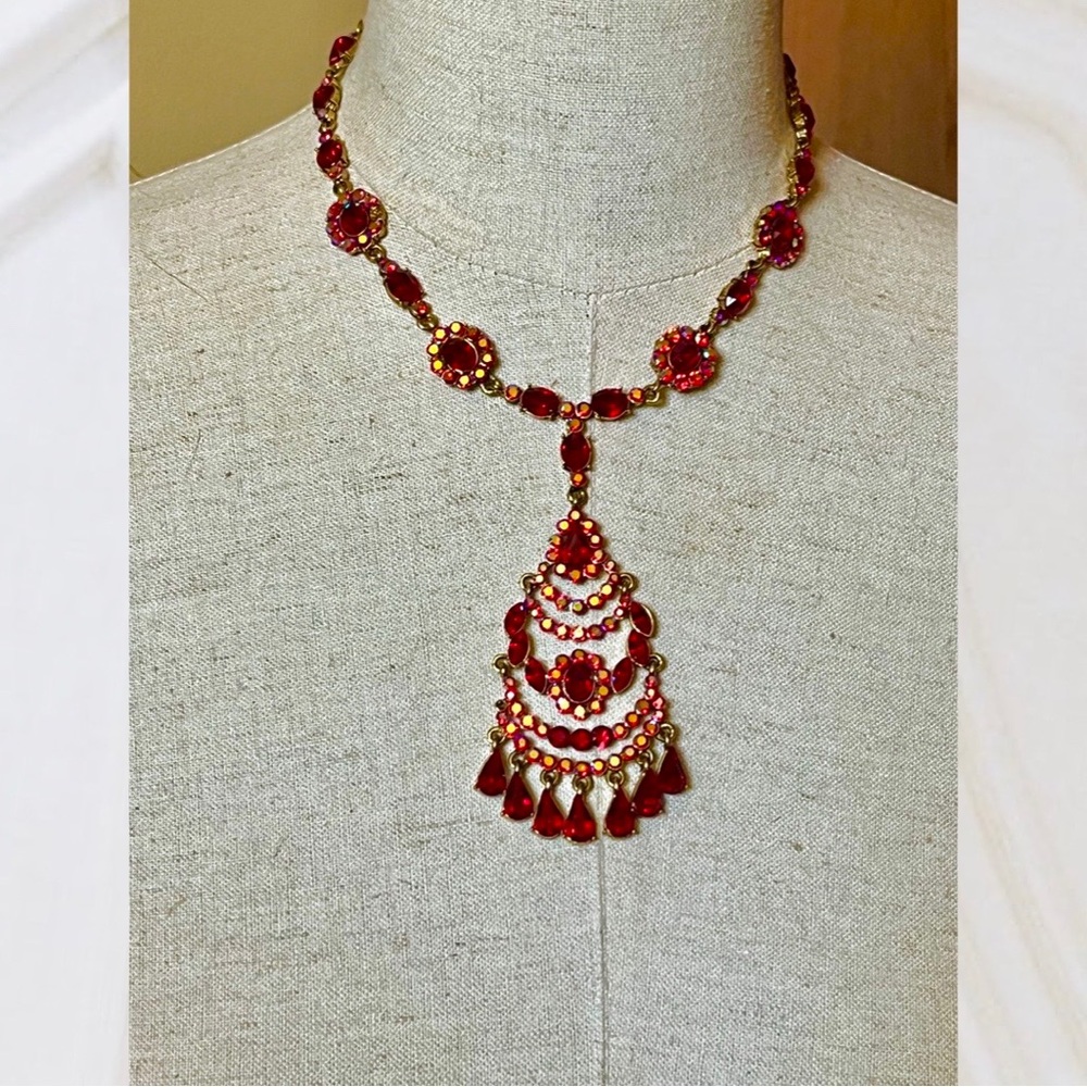 Iridescent Ruby Red Statement Crystal Fringe Dangle Teardrop Necklace